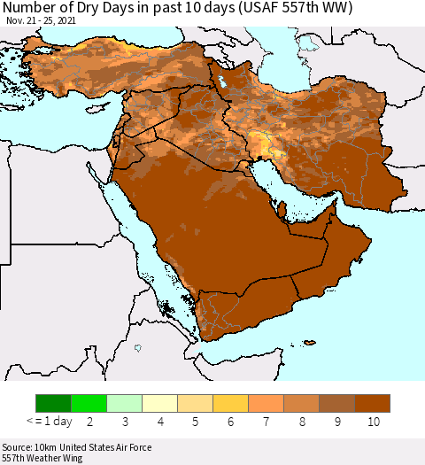 Middle East and Turkey Number of Dry Days in past 10 days (USAF 557th WW) Thematic Map For 11/21/2021 - 11/25/2021