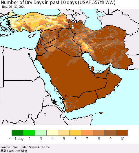Middle East and Turkey Number of Dry Days in past 10 days (USAF 557th WW) Thematic Map For 11/26/2021 - 11/30/2021
