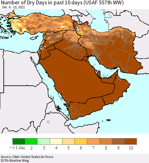 Middle East and Turkey Number of Dry Days in past 10 days (USAF 557th WW) Thematic Map For 12/6/2021 - 12/10/2021