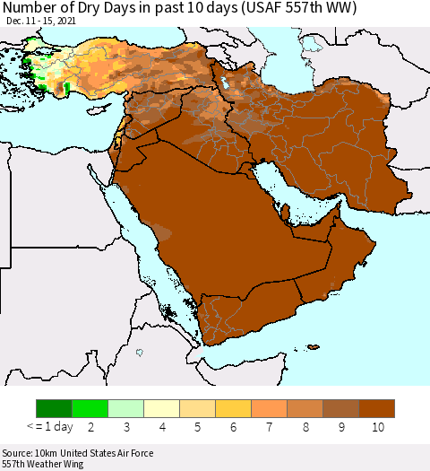 Middle East and Turkey Number of Dry Days in past 10 days (USAF 557th WW) Thematic Map For 12/11/2021 - 12/15/2021
