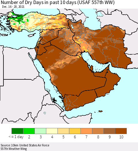 Middle East and Turkey Number of Dry Days in past 10 days (USAF 557th WW) Thematic Map For 12/16/2021 - 12/20/2021