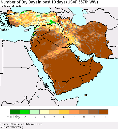 Middle East and Turkey Number of Dry Days in past 10 days (USAF 557th WW) Thematic Map For 12/21/2021 - 12/25/2021