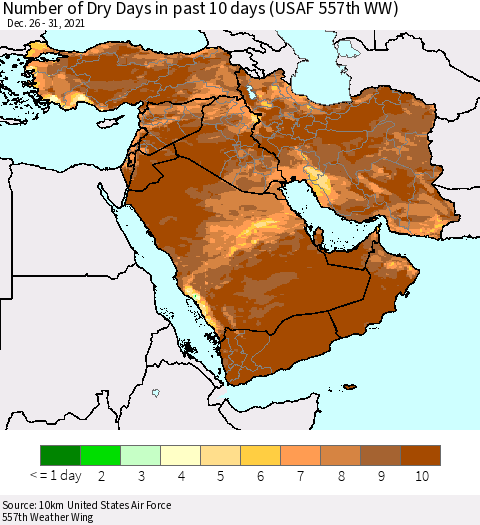 Middle East and Turkey Number of Dry Days in past 10 days (USAF 557th WW) Thematic Map For 12/26/2021 - 12/31/2021