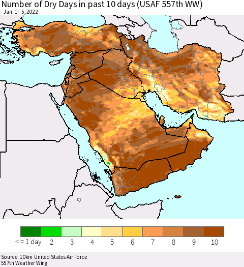 Middle East and Turkey Number of Dry Days in past 10 days (USAF 557th WW) Thematic Map For 1/1/2022 - 1/5/2022