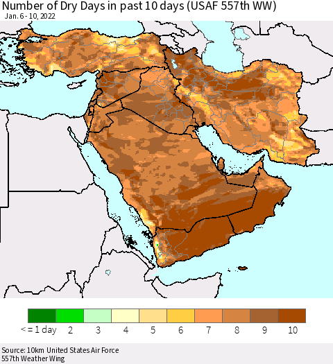 Middle East and Turkey Number of Dry Days in past 10 days (USAF 557th WW) Thematic Map For 1/6/2022 - 1/10/2022
