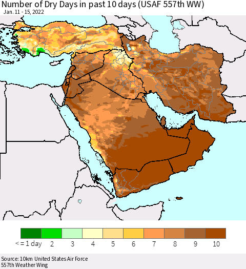 Middle East and Turkey Number of Dry Days in past 10 days (USAF 557th WW) Thematic Map For 1/11/2022 - 1/15/2022