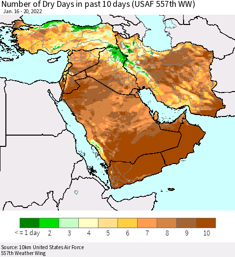 Middle East and Turkey Number of Dry Days in past 10 days (USAF 557th WW) Thematic Map For 1/16/2022 - 1/20/2022