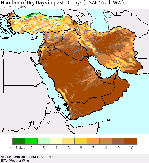 Middle East and Turkey Number of Dry Days in past 10 days (USAF 557th WW) Thematic Map For 1/21/2022 - 1/25/2022