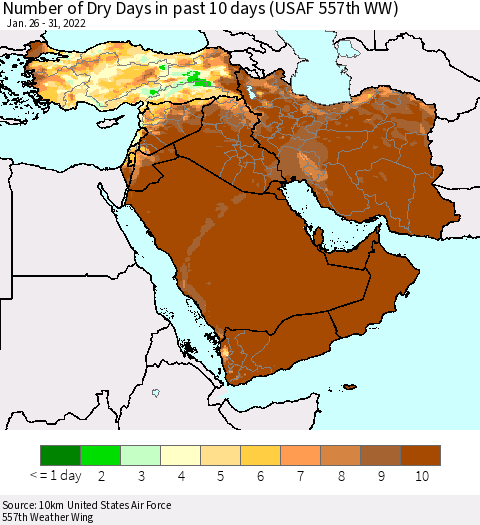 Middle East and Turkey Number of Dry Days in past 10 days (USAF 557th WW) Thematic Map For 1/26/2022 - 1/31/2022