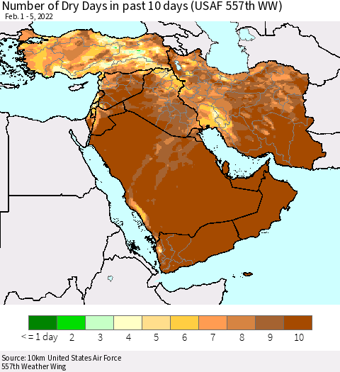 Middle East and Turkey Number of Dry Days in past 10 days (USAF 557th WW) Thematic Map For 2/1/2022 - 2/5/2022