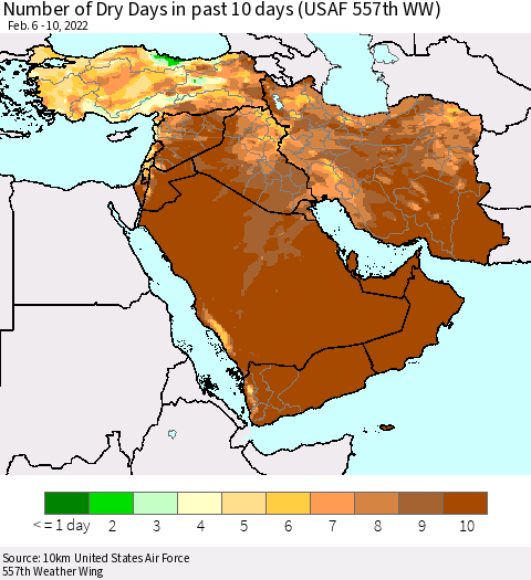 Middle East and Turkey Number of Dry Days in past 10 days (USAF 557th WW) Thematic Map For 2/6/2022 - 2/10/2022