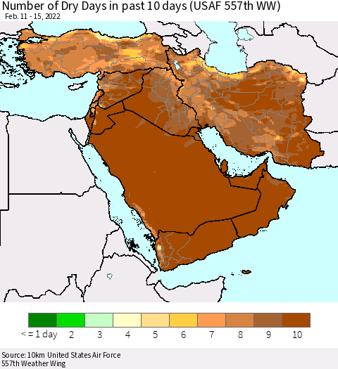 Middle East and Turkey Number of Dry Days in past 10 days (USAF 557th WW) Thematic Map For 2/11/2022 - 2/15/2022