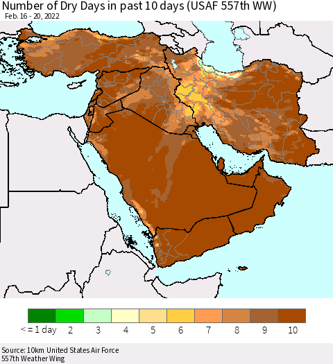 Middle East and Turkey Number of Dry Days in past 10 days (USAF 557th WW) Thematic Map For 2/16/2022 - 2/20/2022