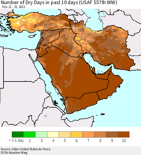 Middle East and Turkey Number of Dry Days in past 10 days (USAF 557th WW) Thematic Map For 2/21/2022 - 2/25/2022