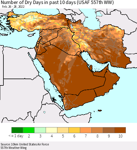 Middle East and Turkey Number of Dry Days in past 10 days (USAF 557th WW) Thematic Map For 2/26/2022 - 2/28/2022