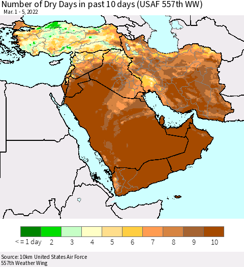 Middle East and Turkey Number of Dry Days in past 10 days (USAF 557th WW) Thematic Map For 3/1/2022 - 3/5/2022