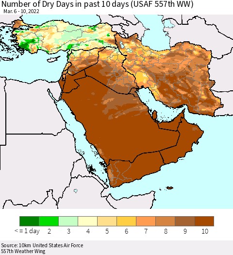 Middle East and Turkey Number of Dry Days in past 10 days (USAF 557th WW) Thematic Map For 3/6/2022 - 3/10/2022