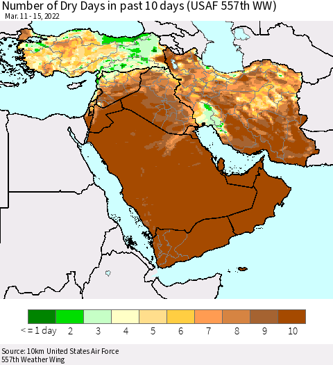 Middle East and Turkey Number of Dry Days in past 10 days (USAF 557th WW) Thematic Map For 3/11/2022 - 3/15/2022