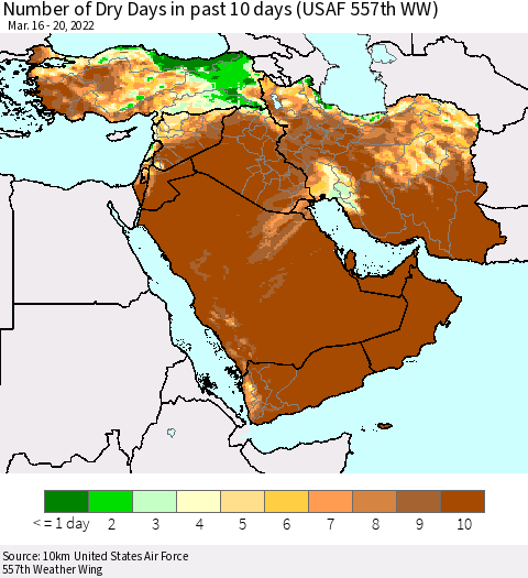 Middle East and Turkey Number of Dry Days in past 10 days (USAF 557th WW) Thematic Map For 3/16/2022 - 3/20/2022
