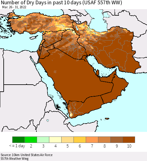 Middle East and Turkey Number of Dry Days in past 10 days (USAF 557th WW) Thematic Map For 3/26/2022 - 3/31/2022
