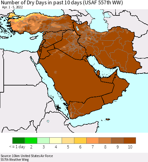 Middle East and Turkey Number of Dry Days in past 10 days (USAF 557th WW) Thematic Map For 4/1/2022 - 4/5/2022