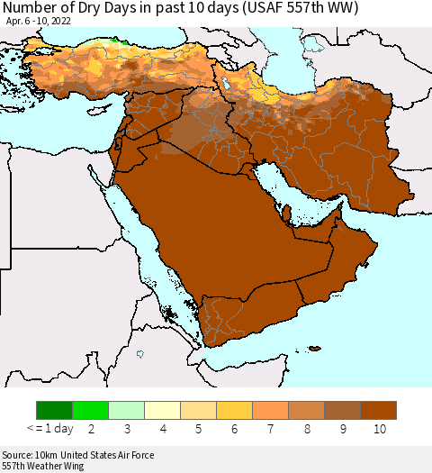 Middle East and Turkey Number of Dry Days in past 10 days (USAF 557th WW) Thematic Map For 4/6/2022 - 4/10/2022