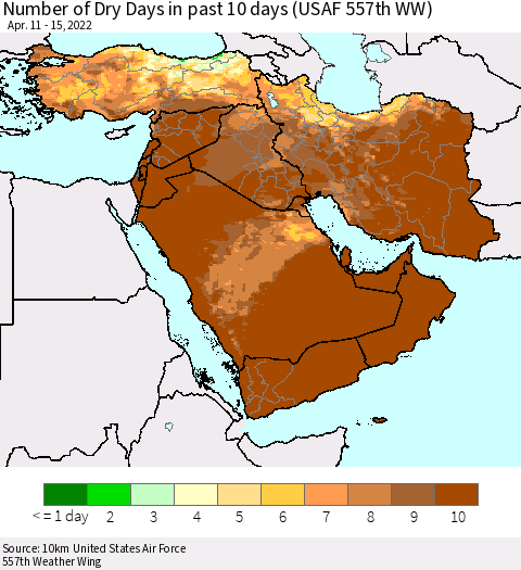 Middle East and Turkey Number of Dry Days in past 10 days (USAF 557th WW) Thematic Map For 4/11/2022 - 4/15/2022