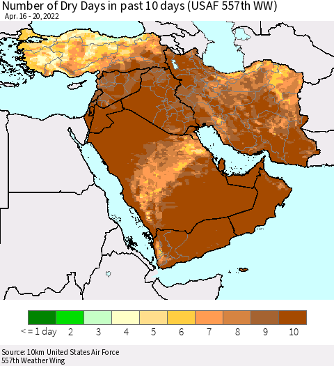 Middle East and Turkey Number of Dry Days in past 10 days (USAF 557th WW) Thematic Map For 4/16/2022 - 4/20/2022