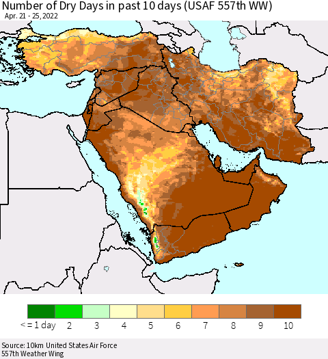 Middle East and Turkey Number of Dry Days in past 10 days (USAF 557th WW) Thematic Map For 4/21/2022 - 4/25/2022