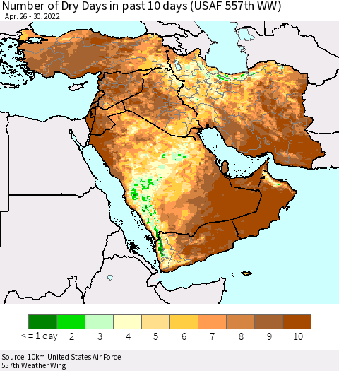 Middle East and Turkey Number of Dry Days in past 10 days (USAF 557th WW) Thematic Map For 4/26/2022 - 4/30/2022