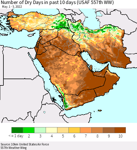 Middle East and Turkey Number of Dry Days in past 10 days (USAF 557th WW) Thematic Map For 5/1/2022 - 5/5/2022