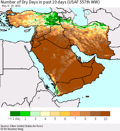 Middle East and Turkey Number of Dry Days in past 10 days (USAF 557th WW) Thematic Map For 5/6/2022 - 5/10/2022