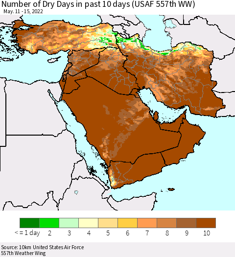 Middle East and Turkey Number of Dry Days in past 10 days (USAF 557th WW) Thematic Map For 5/11/2022 - 5/15/2022