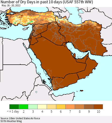 Middle East and Turkey Number of Dry Days in past 10 days (USAF 557th WW) Thematic Map For 5/16/2022 - 5/20/2022