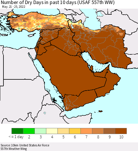 Middle East and Turkey Number of Dry Days in past 10 days (USAF 557th WW) Thematic Map For 5/21/2022 - 5/25/2022