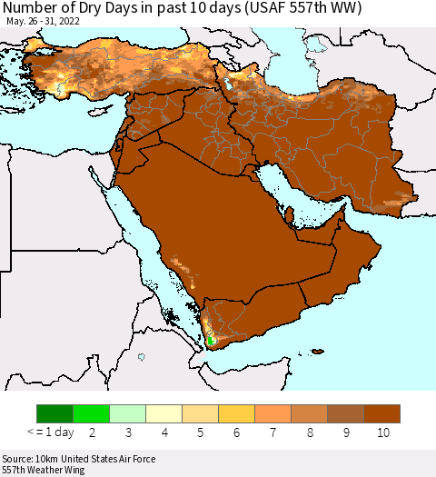 Middle East and Turkey Number of Dry Days in past 10 days (USAF 557th WW) Thematic Map For 5/26/2022 - 5/31/2022