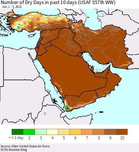 Middle East and Turkey Number of Dry Days in past 10 days (USAF 557th WW) Thematic Map For 6/1/2022 - 6/5/2022