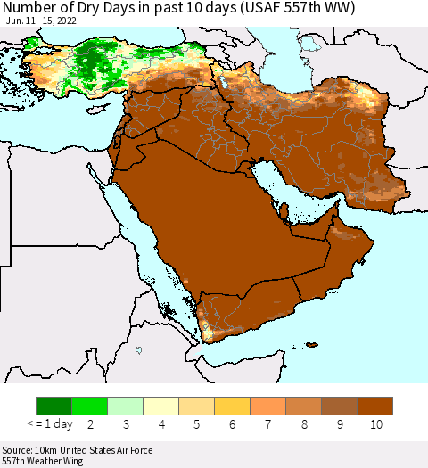 Middle East and Turkey Number of Dry Days in past 10 days (USAF 557th WW) Thematic Map For 6/11/2022 - 6/15/2022