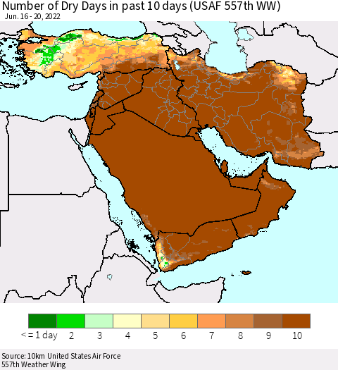 Middle East and Turkey Number of Dry Days in past 10 days (USAF 557th WW) Thematic Map For 6/16/2022 - 6/20/2022