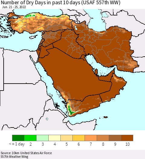 Middle East and Turkey Number of Dry Days in past 10 days (USAF 557th WW) Thematic Map For 6/21/2022 - 6/25/2022