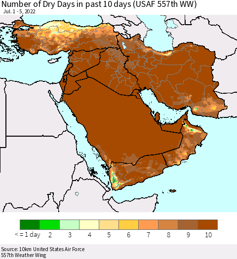 Middle East and Turkey Number of Dry Days in past 10 days (USAF 557th WW) Thematic Map For 7/1/2022 - 7/5/2022