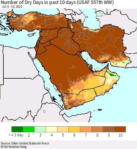 Middle East and Turkey Number of Dry Days in past 10 days (USAF 557th WW) Thematic Map For 7/6/2022 - 7/10/2022