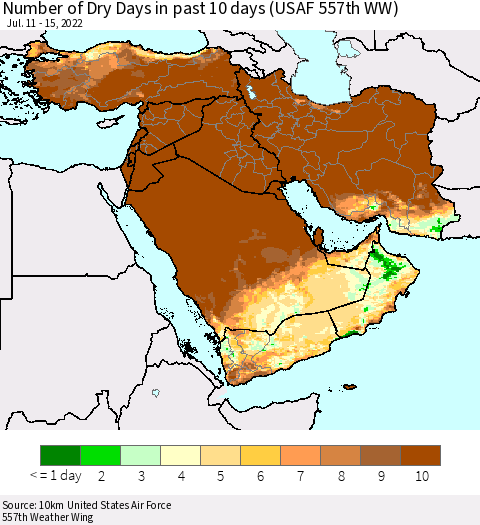 Middle East and Turkey Number of Dry Days in past 10 days (USAF 557th WW) Thematic Map For 7/11/2022 - 7/15/2022