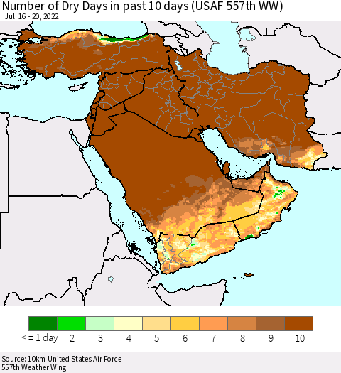Middle East and Turkey Number of Dry Days in past 10 days (USAF 557th WW) Thematic Map For 7/16/2022 - 7/20/2022