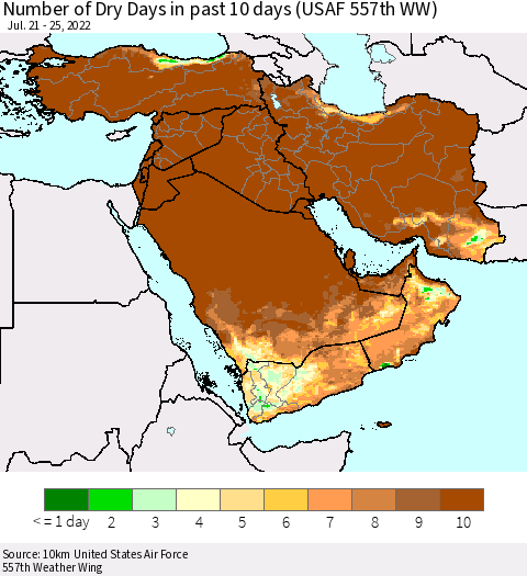 Middle East and Turkey Number of Dry Days in past 10 days (USAF 557th WW) Thematic Map For 7/21/2022 - 7/25/2022