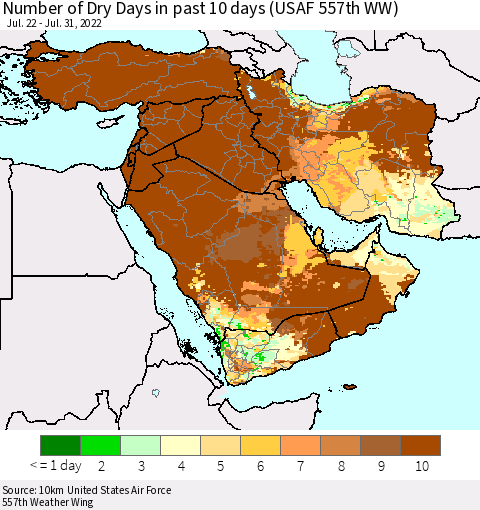 Middle East and Turkey Number of Dry Days in past 10 days (USAF 557th WW) Thematic Map For 7/26/2022 - 7/31/2022