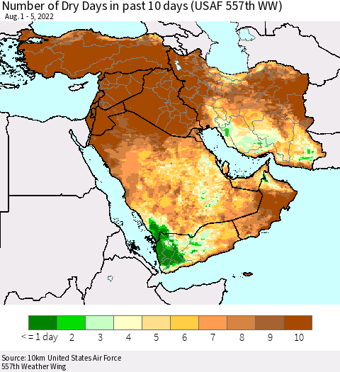 Middle East and Turkey Number of Dry Days in past 10 days (USAF 557th WW) Thematic Map For 8/1/2022 - 8/5/2022