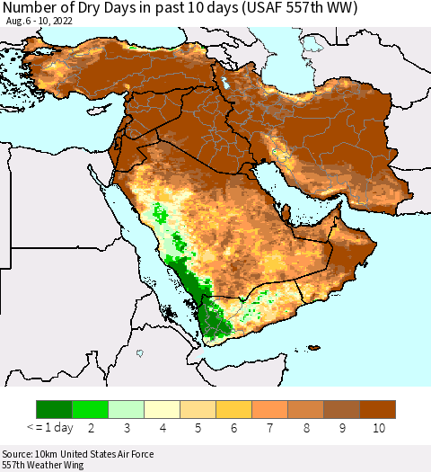 Middle East and Turkey Number of Dry Days in past 10 days (USAF 557th WW) Thematic Map For 8/6/2022 - 8/10/2022