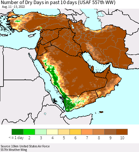 Middle East and Turkey Number of Dry Days in past 10 days (USAF 557th WW) Thematic Map For 8/11/2022 - 8/15/2022