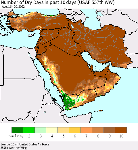 Middle East and Turkey Number of Dry Days in past 10 days (USAF 557th WW) Thematic Map For 8/16/2022 - 8/20/2022